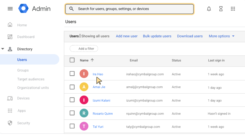 Panel de administración de usuarios de Google Workspace